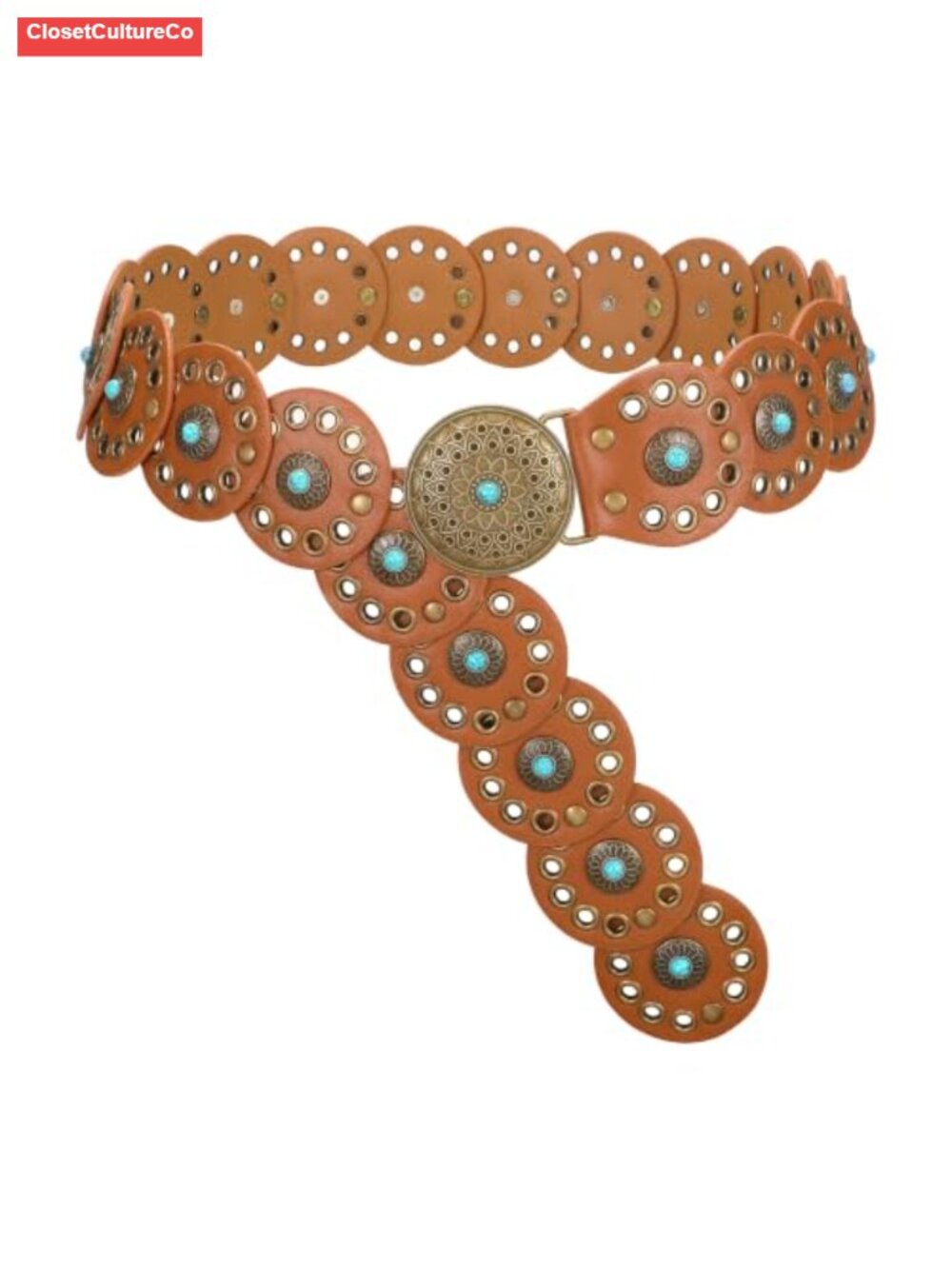 PU Leather Western Concho Disc Belt Wide Cowgirl Turquoise Boho